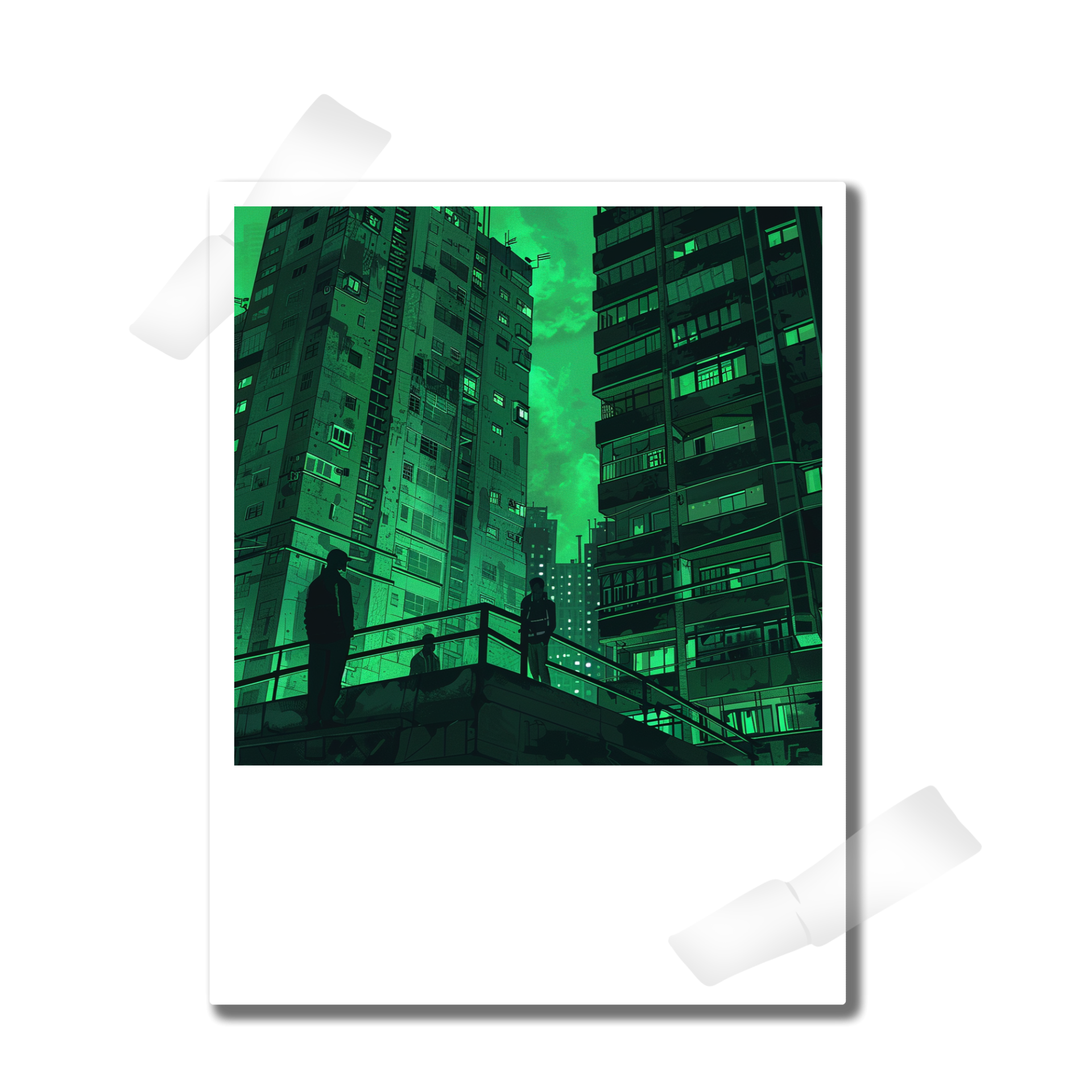 dunkles Bild mit neongrünen Details, Hochhäuser und 3 Sillohetten von Jugendlichen